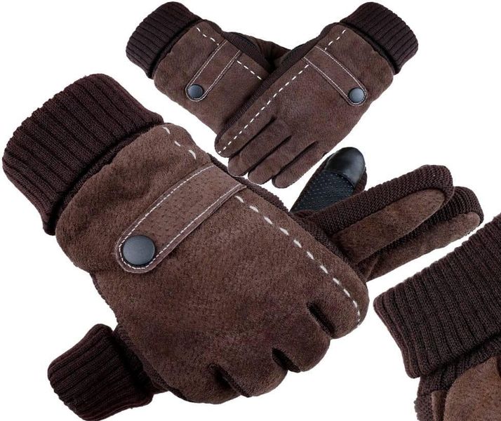 Тактильні зимові чоловічі замшеві рукавички коричневого кольору 1214 фото